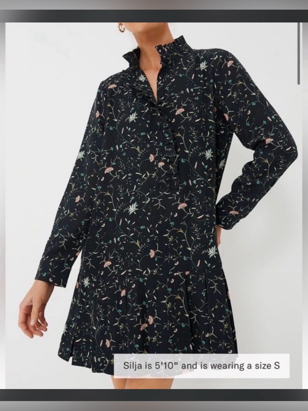 Tuckernuck Black Floral Ruffle-Trim Long-Sleeve Dress midi